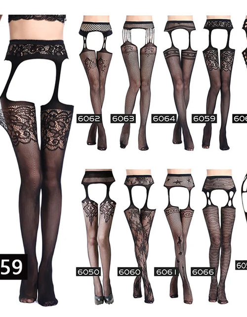 Load image into Gallery viewer, Women Sexy Lingerie Stockings Garter Belt Stripe Elastic Stockings Black Fishnet Stocking Thigh Sheer Tights Pantyhose Dropship
